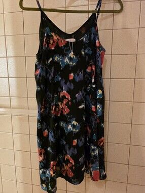 Izzy And Lola Black Floral Slip Dress with Blue & Coral Accents